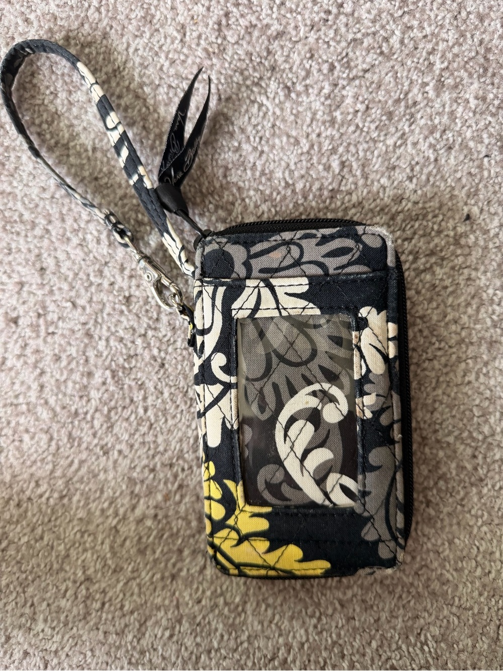 Vera Bradley Black Floral Quilted Wristlet with Yellow Accent
